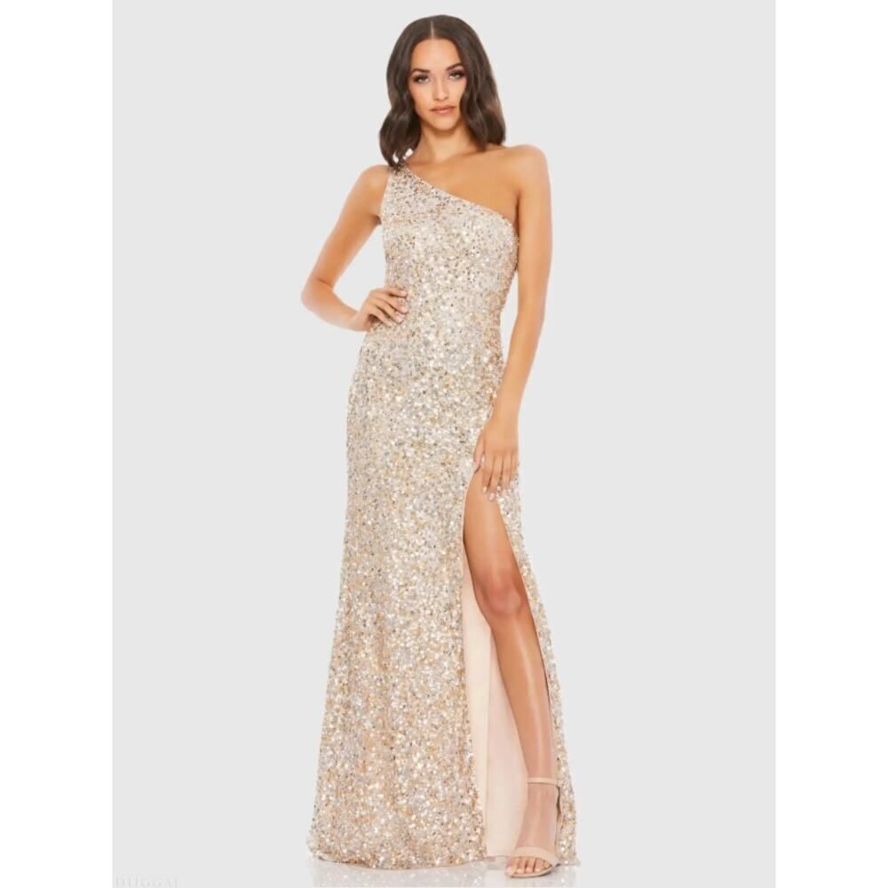 Mac Duggal Beige Sequin One Shoulder Gown With Slit - Size 4 - NWT